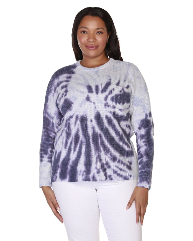Front of a model wearing a size 1X Marley Tie-Dye Pullover Sweater in Navy/Blue Haze by Belldini Black Label. | dia_product_style_image_id:285025
